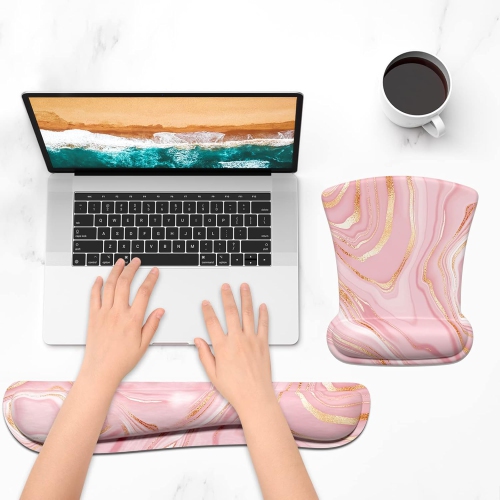 Mouse Pad Wrist Support Keyboard Wrist Rest Pad Ergonomic Mousepad, Non-Slip Memory Foam Pain Relief for PC Laptop Gaming Office, Pink Gold Marble