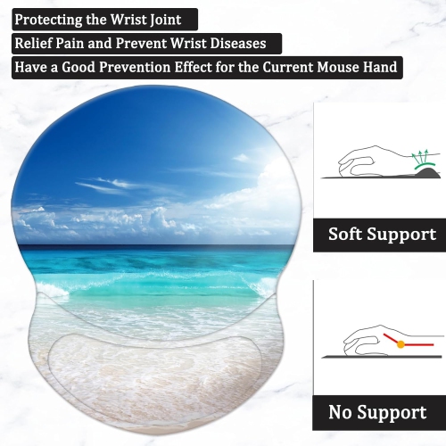 Mouse Pad with Support, Comfortable Durable Computer Mouse Pad Wrist Rest with Non-Slip PU Base for Home Office Working Studying,Beach 02