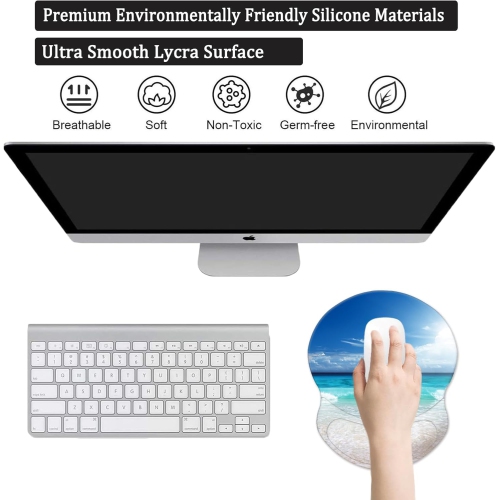 Mouse Pad with Support, Comfortable Durable Computer Mouse Pad Wrist Rest with Non-Slip PU Base for Home Office Working Studying,Beach 02