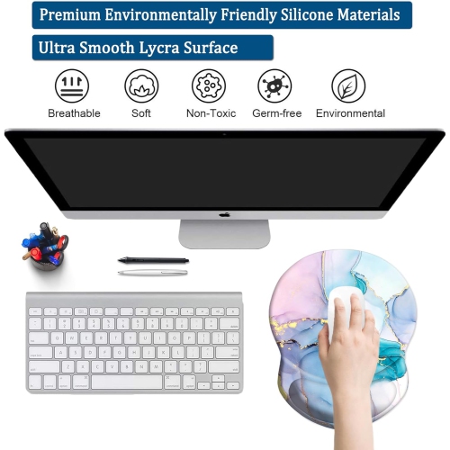 Mouse Pad with Support, Comfortable Durable Computer Mouse Pad Wrist Rest with Non-Slip PU Base for Home Office Working Studying,Pink Blue & Golden