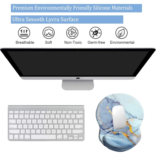 Mouse Pad with Support, Comfortable Durable Computer Mouse Pad Wrist Rest with Non-Slip PU Base for Home Office Working Studying,Light Blue Marble