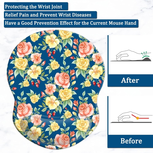 Mouse Pad with Support, Comfortable Durable Computer Mouse Pad Wrist Rest with Non-Slip PU Base for Home Office Working Studying,Flowers
