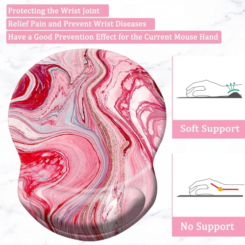 Mouse Pad with Support, Comfortable Durable Computer Mouse Pad Wrist Rest with Non-Slip PU Base for Home Office Working Studying,Red Mixed Marble