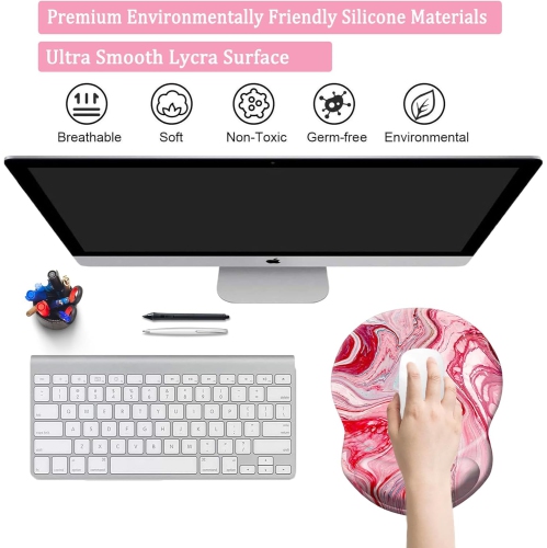 Mouse Pad with Support, Comfortable Durable Computer Mouse Pad Wrist Rest with Non-Slip PU Base for Home Office Working Studying,Red Mixed Marble