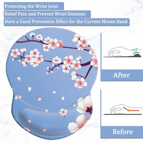 Mouse Pad with Support, Comfortable Durable Computer Mouse Pad Wrist Rest with Non-Slip PU Base for Home Office Working Studying,Cherry Blossom