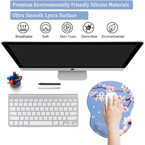 Mouse Pad with Support, Comfortable Durable Computer Mouse Pad Wrist Rest with Non-Slip PU Base for Home Office Working Studying,Cherry Blossom