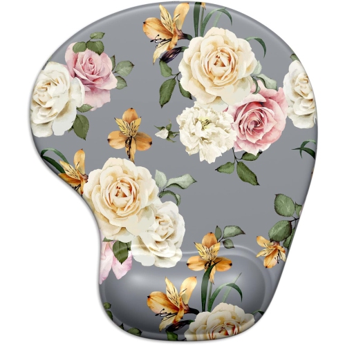 Ergonomic Mouse Pad with Gel Wrist Support Wrist Rest Smooth Surface Non-Slip PU Base Comfortable Office Supplies Pain Relief, White Rose