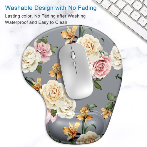 Ergonomic Mouse Pad with Gel Wrist Support Wrist Rest Smooth Surface Non-Slip PU Base Comfortable Office Supplies Pain Relief, White Rose