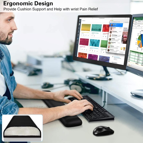 Repose-poignet de souris, mousse à mémoire en tissu doux et repose-poignets avec base antidérapante en caoutchouc, tapis de clavier noir