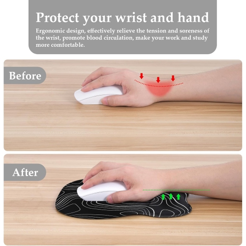 Ergonomic Mouse Pad with Wrist Support, Mousepad with Memory Foam Wrist Rest and Non-Slip Base for Cafe, Home & Office, Computer,Black Terrain