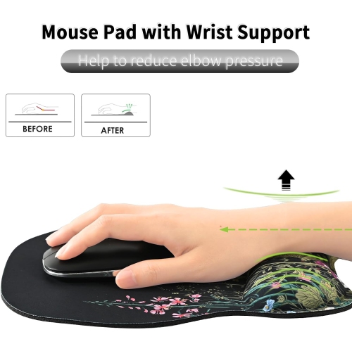 Ergonomic Mouse Pad with Wrist Support, Mousepad with Memory Foam Wrist Rest and Non-Slip Base for Cafe, Home & Office, Computer,Black Weeds