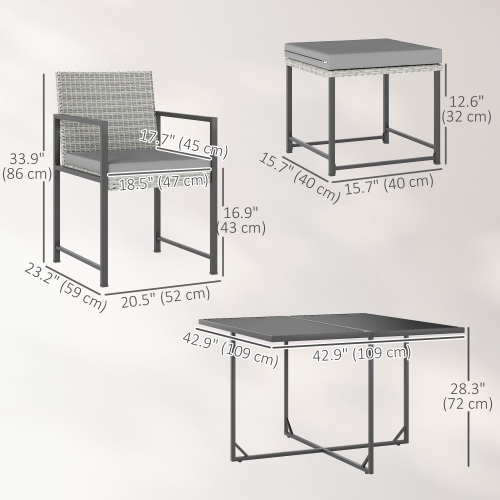 Outsunny 9 Pieces Patio Dining Set, Outdoor Rattan Wicker Furniture Set with 4 Armchairs, 4 Stools, Tempered Glass Table Top, Removable Cushions, for