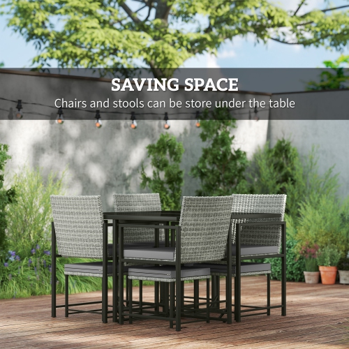 Outsunny 9 Pieces Patio Dining Set, Outdoor Rattan Wicker Furniture Set with 4 Armchairs, 4 Stools, Tempered Glass Table Top, Removable Cushions, for