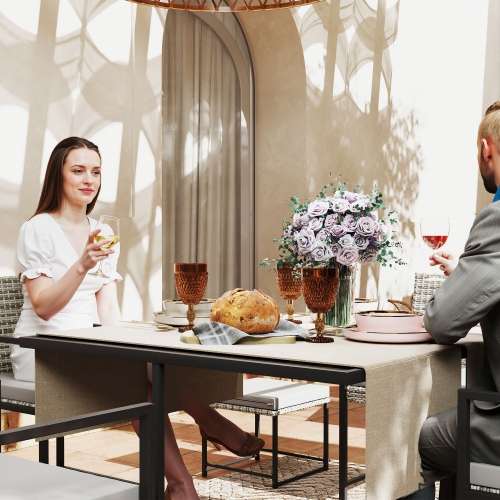 Outsunny 9 Pieces Patio Dining Set, Outdoor Rattan Wicker Furniture Set with 4 Armchairs, 4 Stools, Tempered Glass Table Top, Removable Cushions, for