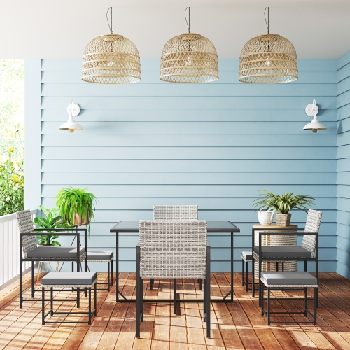 Outsunny 9 Pieces Patio Dining Set, Outdoor Rattan Wicker Furniture Set with 4 Armchairs, 4 Stools, Tempered Glass Table Top, Removable Cushions, for