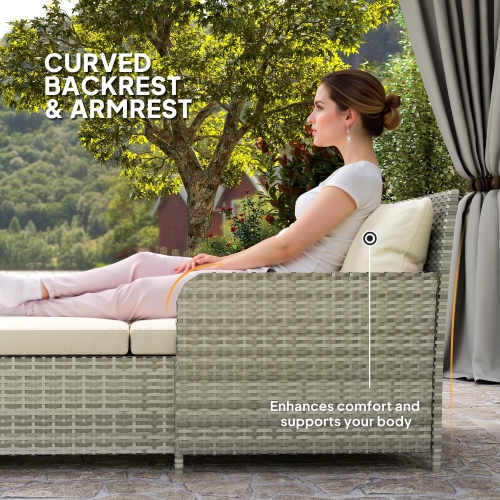 Outsunny Rattan Outdoor Daybed, 2-Person Sunbed Patio Sofa with Soft Cushions, 4 Pillows, Curved Backrest & Armrest, Double Sun Lounger for Poolside,