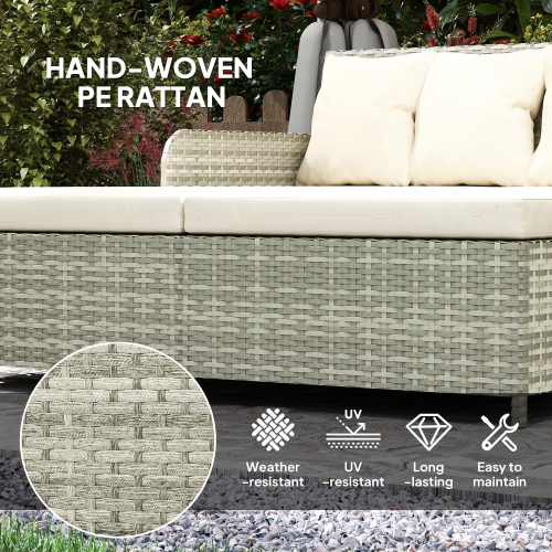 Outsunny Rattan Outdoor Daybed, 2-Person Sunbed Patio Sofa with Soft Cushions, 4 Pillows, Curved Backrest & Armrest, Double Sun Lounger for Poolside,