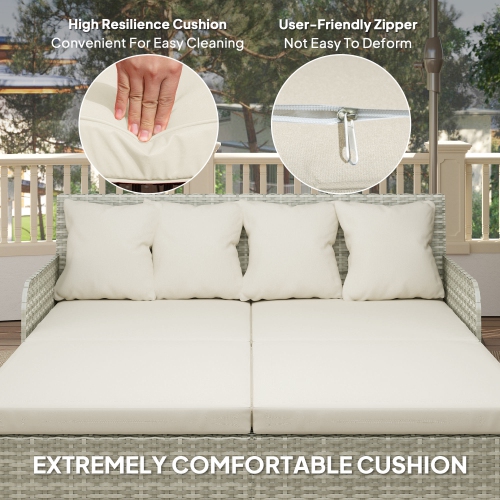 Outsunny Rattan Outdoor Daybed, 2-Person Sunbed Patio Sofa with Soft Cushions, 4 Pillows, Curved Backrest & Armrest, Double Sun Lounger for Poolside,