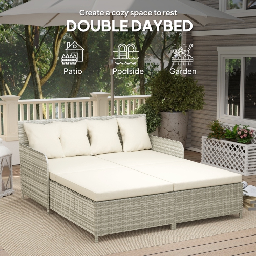Outsunny Rattan Outdoor Daybed, 2-Person Sunbed Patio Sofa with Soft Cushions, 4 Pillows, Curved Backrest & Armrest, Double Sun Lounger for Poolside,