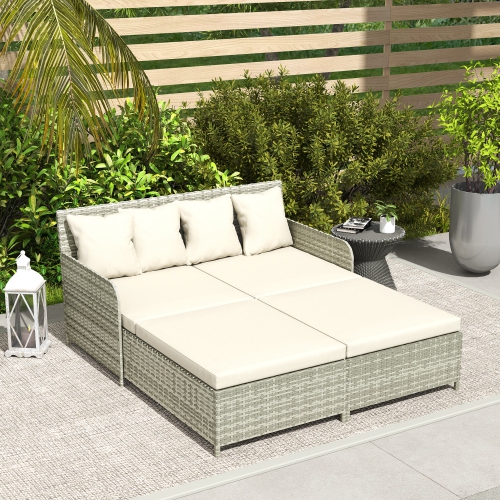 Outsunny Rattan Outdoor Daybed, 2-Person Sunbed Patio Sofa with Soft Cushions, 4 Pillows, Curved Backrest & Armrest, Double Sun Lounger for Poolside,
