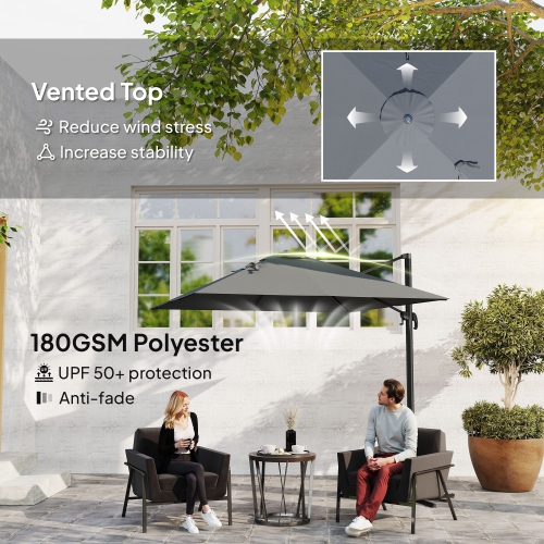 Outsunny 8 FT Cantilever Patio Umbrella, UPF50+ Outdoor Square Aluminium Offset Umbrella with 360° Rotation, Cross Base, Crank and Tilt for Garden,