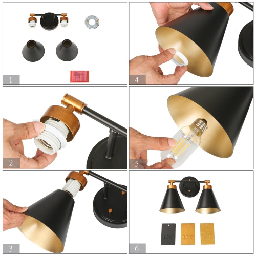 Uolfin 14.2-in W 2 -Light Matte Black with Metal Cone Shade Bathroom Wall Sconce Vanity Light