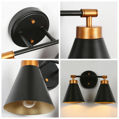 Uolfin 14.2-in W 2 -Light Matte Black with Metal Cone Shade Bathroom Wall Sconce Vanity Light