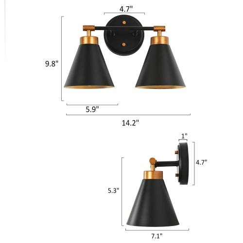 Uolfin 14.2-in W 2 -Light Matte Black with Metal Cone Shade Bathroom Wall Sconce Vanity Light