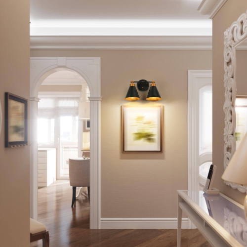 Uolfin 14.2-in W 2 -Light Matte Black with Metal Cone Shade Bathroom Wall Sconce Vanity Light