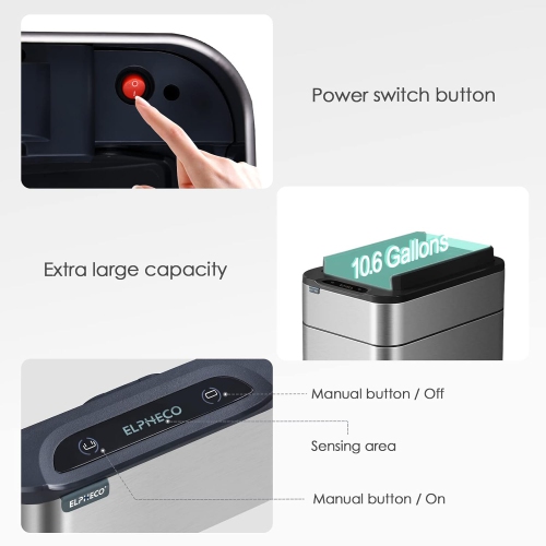 Elpheco TwinLid Stainless Sensor Garbage Bin, 10.6 Gallon Touchless Trash Can with Motion Sensor, Silent Lid, Fingerprint-Proof, Custom Fit Bags,