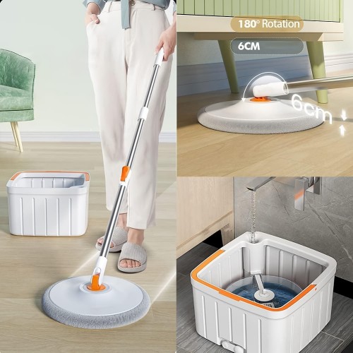 Spin Mop: Self-Wringing Bucket + 4 Pads | Hygienic Effortless Clean