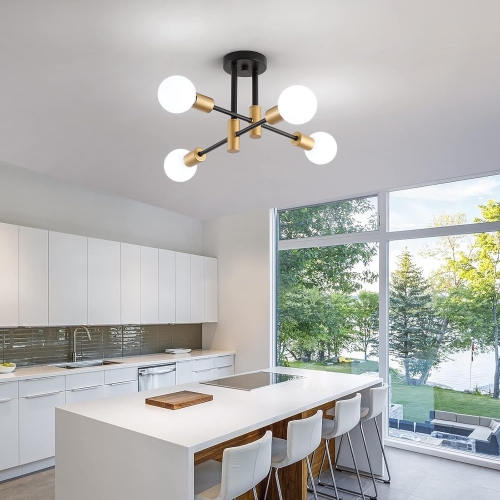 Plafonnier moderne Sputnik noir et doré, 4 lumières de plafond semi-encastré en métal industriel mi-siècle pour la cuisine de la chambre, le couloir