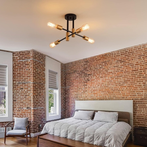 Plafonnier moderne Sputnik noir et doré, 4 lumières de plafond semi-encastré en métal industriel mi-siècle pour la cuisine de la chambre, le couloir