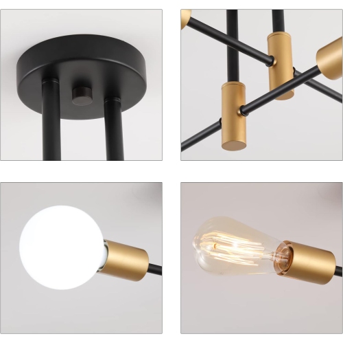 Plafonnier moderne Sputnik noir et doré, 4 lumières de plafond semi-encastré en métal industriel mi-siècle pour la cuisine de la chambre, le couloir