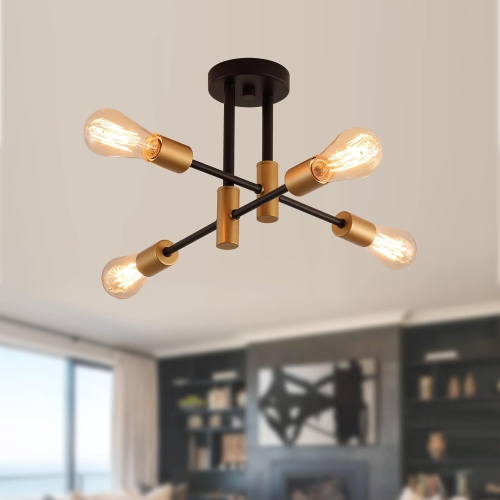 Plafonnier moderne Sputnik noir et doré, 4 lumières de plafond semi-encastré en métal industriel mi-siècle pour la cuisine de la chambre, le couloir