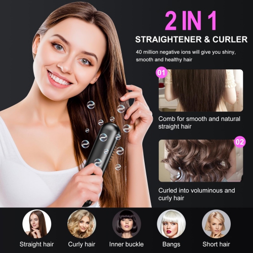 Cordless Hair Straightener Brush, Portable Hair Straightener Brush for Travel 9600mAh USB Rechargeable Straightening Brush Hot Comb
