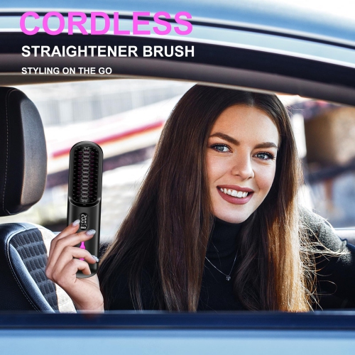 Cordless Hair Straightener Brush, Portable Hair Straightener Brush for Travel 9600mAh USB Rechargeable Straightening Brush Hot Comb