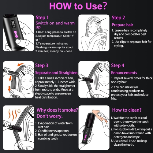 Cordless Hair Straightener Brush, Portable Hair Straightener Brush for Travel 9600mAh USB Rechargeable Straightening Brush Hot Comb