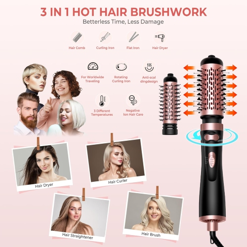 Hair Dryer Brush,3-in-1 Rotating Round Hot Air Spin Brush Set with 2 Brushes,Blow Volumizer,2 Detachable Auto-Rotating Curling Brush