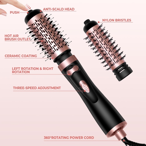 Hair Dryer Brush,3-in-1 Rotating Round Hot Air Spin Brush Set with 2 Brushes,Blow Volumizer,2 Detachable Auto-Rotating Curling Brush