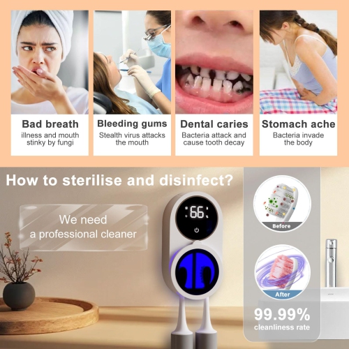 Wall-Mounted Toothbrush Sterilizer,Double UV Intelligent Sterilization Air-Drying Toothbrush Holder with Digital Screen