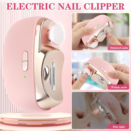 3-in-1 Electric Nail Clipper,Electric Nail Clippers for Seniors,Automatic Electric fingernail Clippers with Collector,Electric Nail Trimmer-Pink