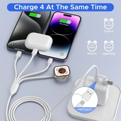 4 in 2 Multi Charging Cable for Apple Watch Charger USB C Cable Travel Charger Compatible with iPhone 15 14 13 iWatch Series
