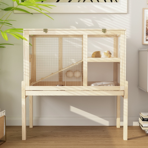 Homsee Wooden Guinea Pig Hutch with Openable Roof, Spacious Play Area, Hideout, and Ramp ,Yellow