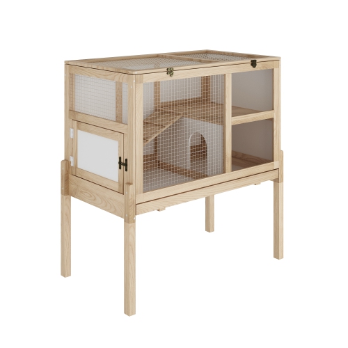 Famapy Wooden Hamster Cage with Opening Roof, Spacious Play Area, Hiding Place and Ramp ,Yellow