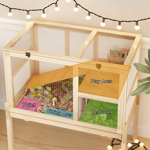 Famapy Wooden Hamster Cage with Opening Roof, Spacious Play Area, Hiding Place and Ramp ,Yellow