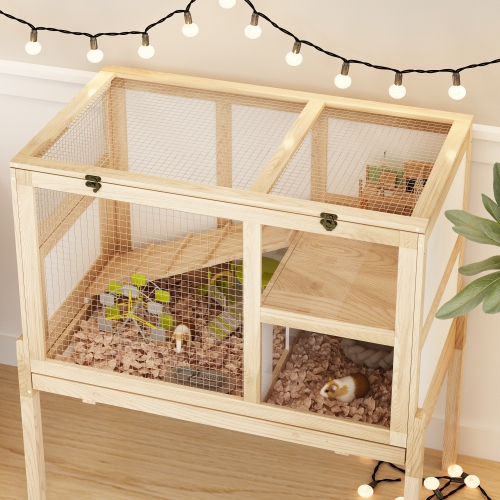 Famapy Wooden Hamster Cage with Opening Roof, Spacious Play Area, Hiding Place and Ramp ,Yellow