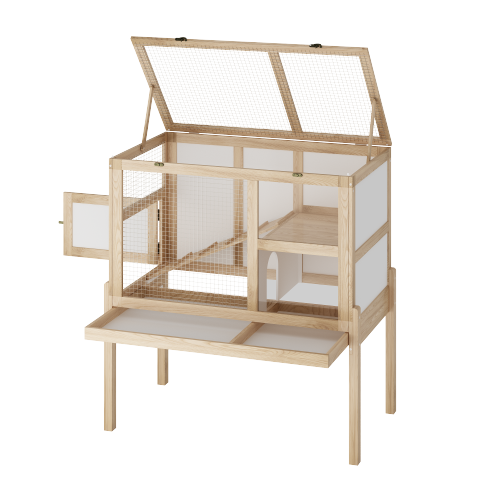 Famapy Wooden Hamster Cage with Opening Roof, Spacious Play Area, Hiding Place and Ramp ,Yellow
