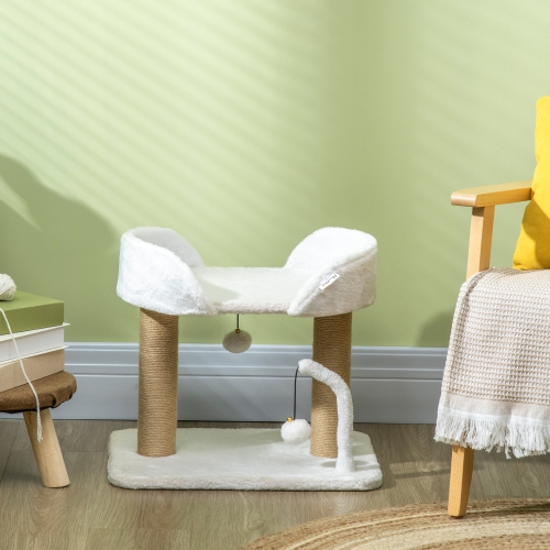 PawHut Cat Tree, 16.5" Small Cat Tower Condo for Indoor Cats with Jute Scratching Posts, Top Perch, Dangling Balls, Cat Activity Centre, White