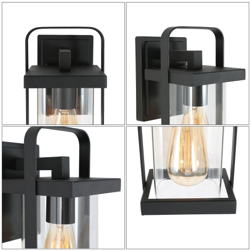 Applique murale industrielle à 1 lumière noire pour l'extérieur avec abat-jour en verre transparent